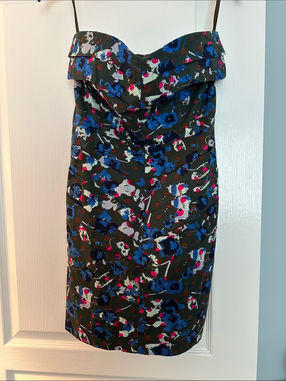 Y2K Strapless Pleated Going Out Mini Dress Blue & Pink Floral Pattern Size